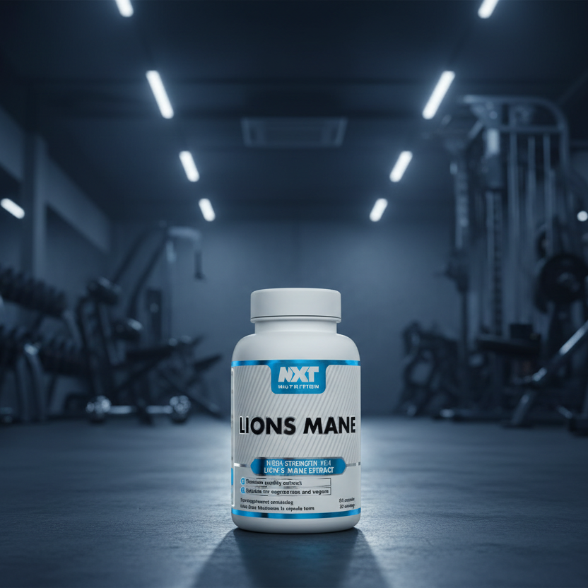 NXT Nutrition Lions Mane supplement bottle on a gym background