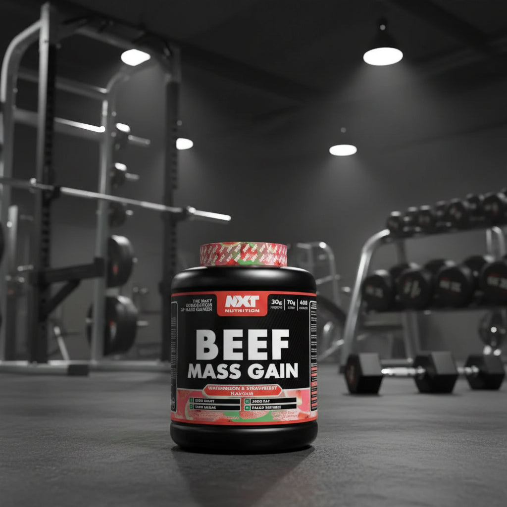 Beef Mass Gain supplement container with NXT Nutrition branding on a gym background