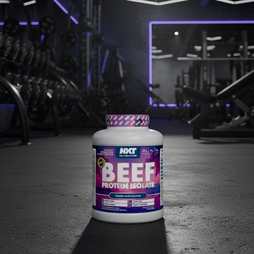 NXT Beef Protein Isolate container in a gym setting