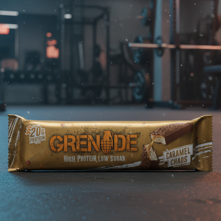 Grenade Caramel Chaos protein bar on a gym floor with equipment in the background