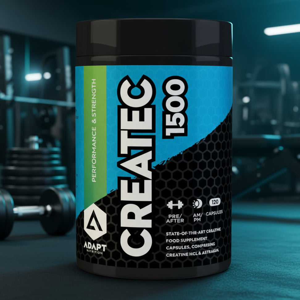 CREATEC 1500 supplement container with gym equipment in the background