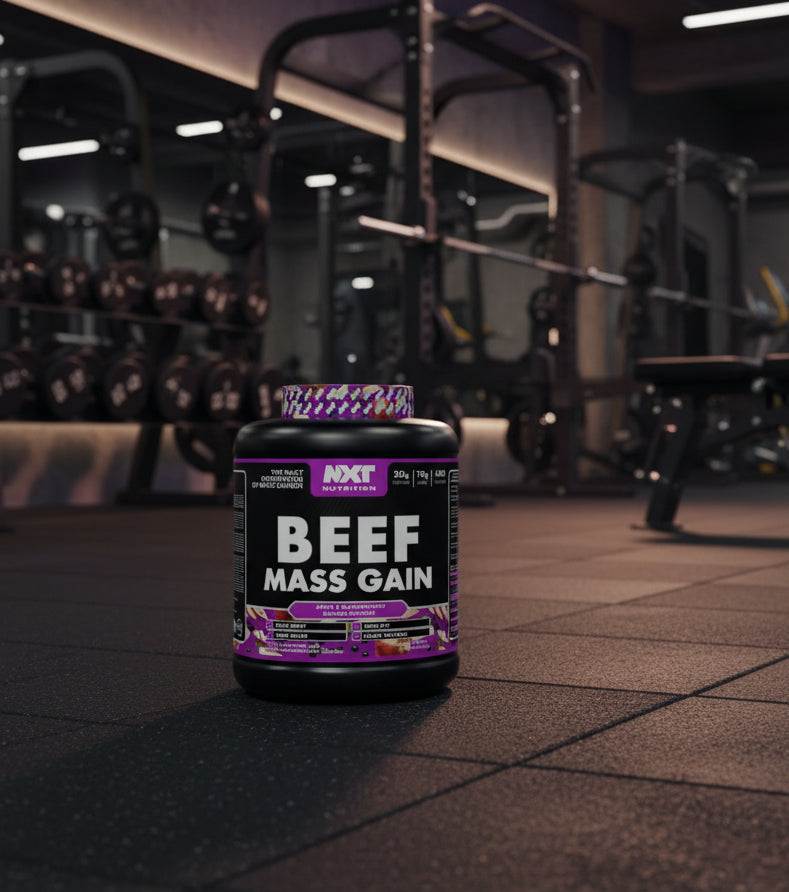 Beef Mass Gain supplement container with NXT Nutrition branding on a gym background