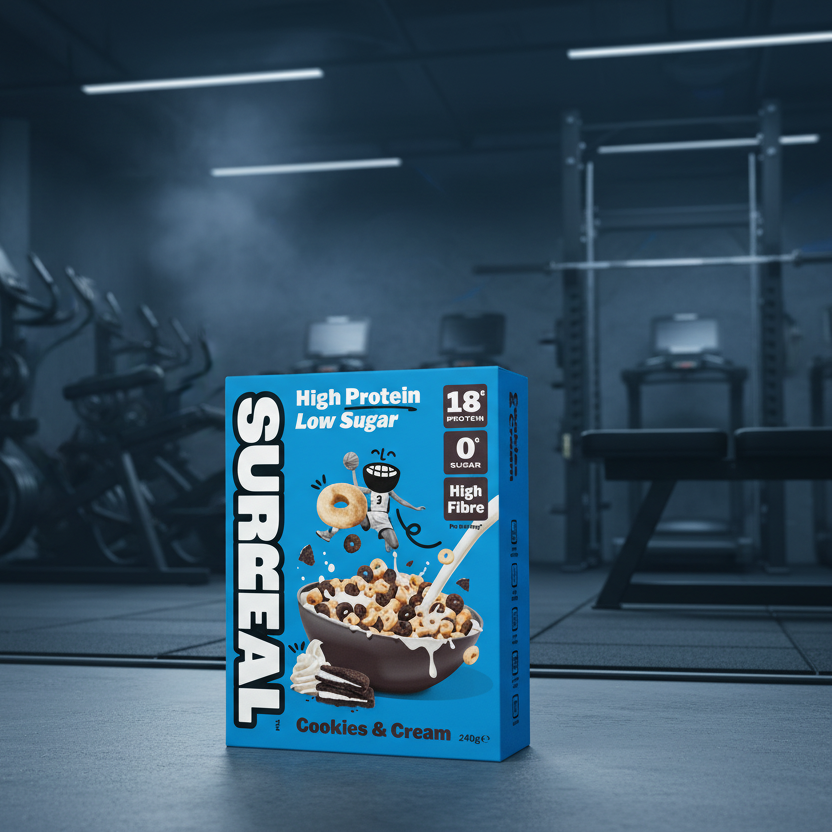 Box of Surreal High Protein Low Sugar Cookies & Cream cereal in a gym setting
