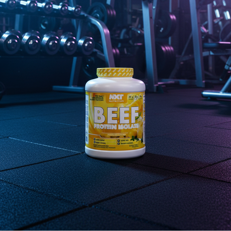 Beef protein powder container on a gym floor with weights in the background