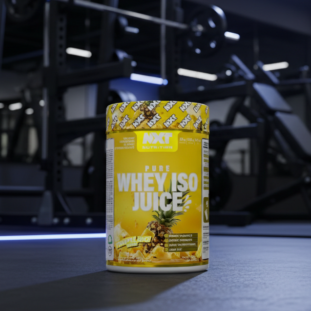 NXT Nutrition Pure Whey ISO Juice container with pineapple flavor on a white background