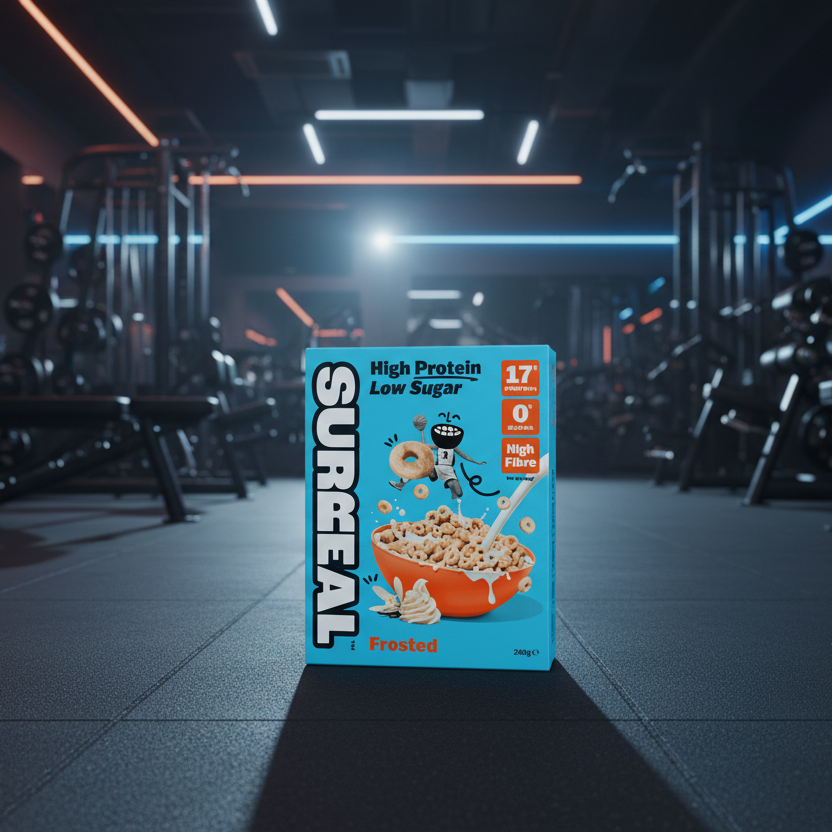 Box of Surreal cereal in a gym setting