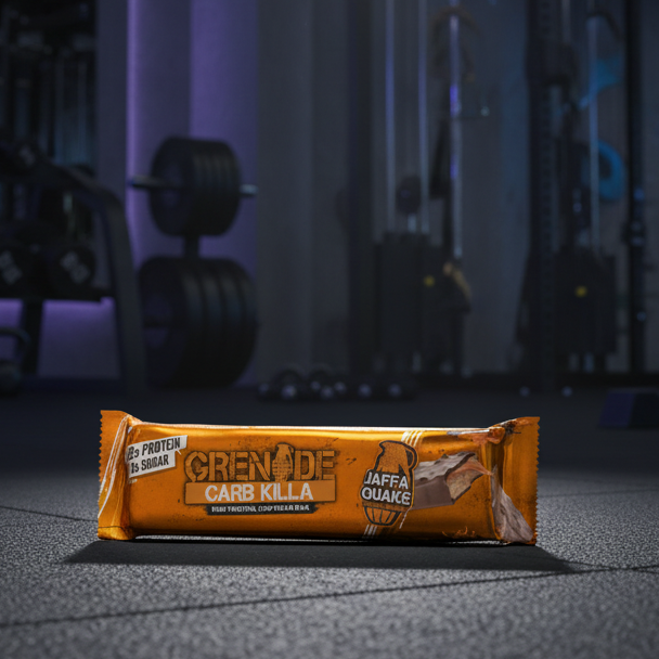 Grenade Carb Killa bar on a gym floor with equipment in the background