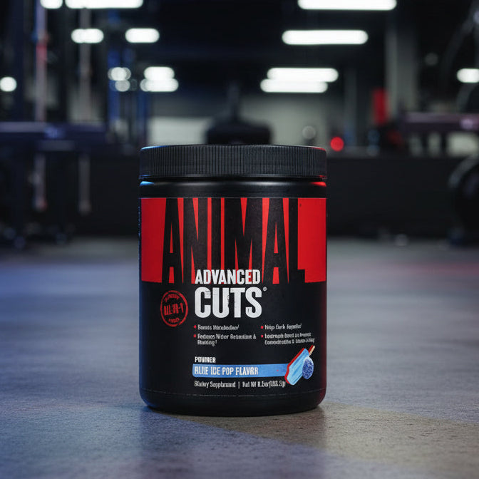Supplement container labeled 'Animal Cuts' on a gym floor.