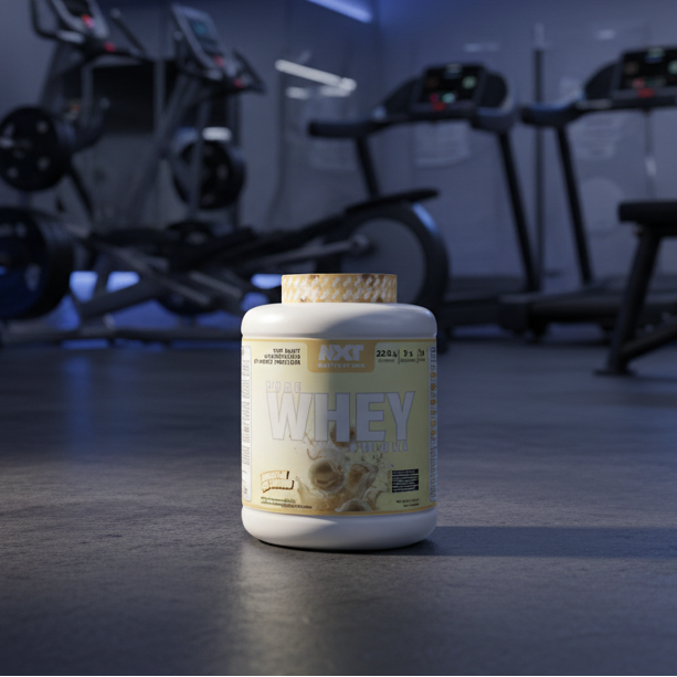 NXT Nutrition Pure Whey Deluxe protein powder container on a white background