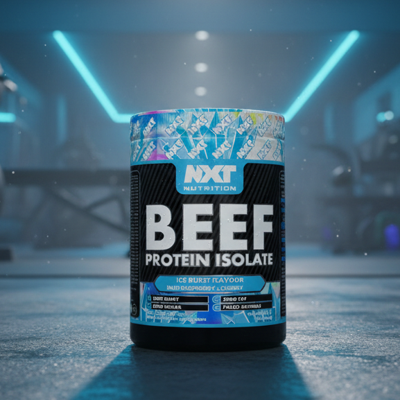 NXT Nutrition Beef Protein Isolate container with blue and black design