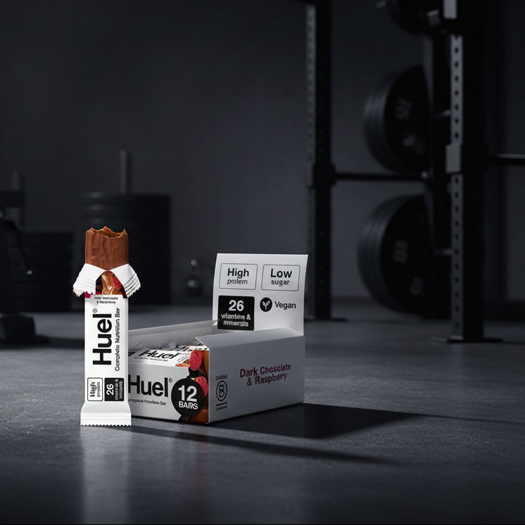 Huel Complete Nutrition High-Protein Bars – Plant-Based – 12-Bar Case (55g) - Dark Chocolate Raspberry