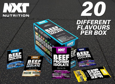 NXT Nutrition beef protein isolate packaging on a dark textured background