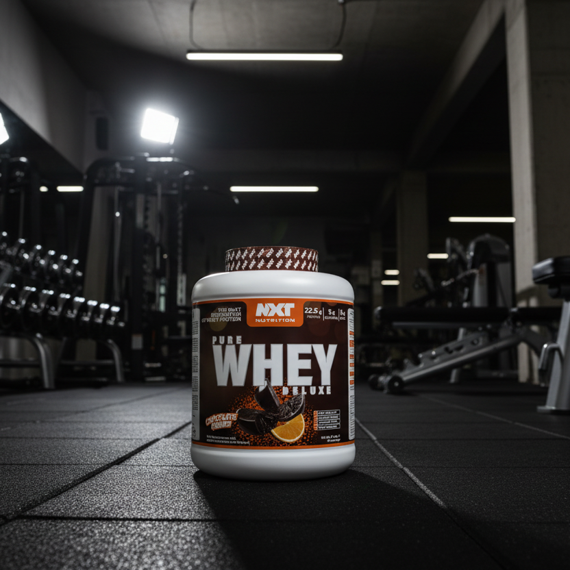 NXT Nutrition Pure Whey Deluxe protein powder container on a gym background
