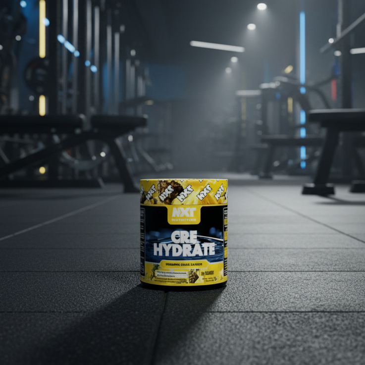 Container labeled 'CRE Hydrate' on a gym floor with equipment in the background