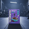 Purple cereal box with 'Surreal' branding in a gym setting