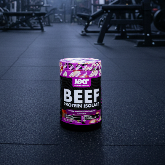 Beef protein isolate container in a gym setting