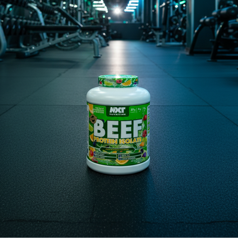 Beef protein supplement container on a gym floor with equipment in the background