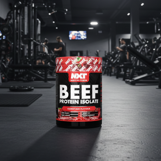 Container of NXT Beef Protein Isolate in a gym setting