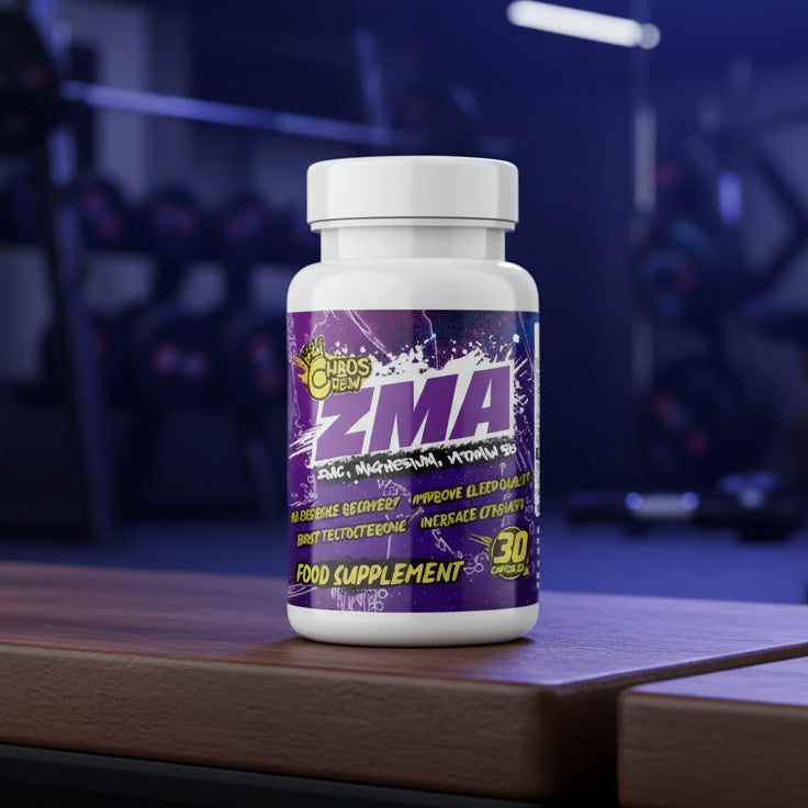 ZMA supplement bottle with purple label on a dark background