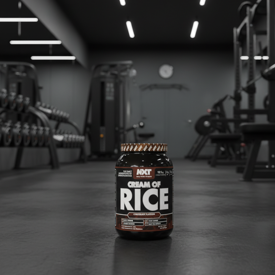 NXT Nutrition Cream of Rice chocolate flavour supplement container on a white background