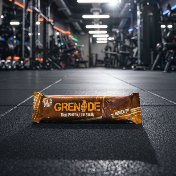 Grenade protein bar on a gym floor with equipment in the background