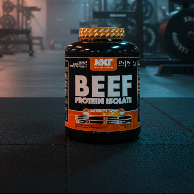 Beef protein isolate container with 'NEXT' branding in a gym setting