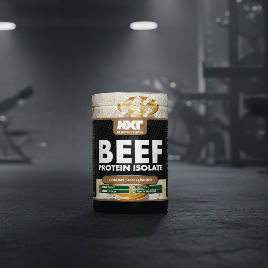 Beef protein isolate container with a gym background