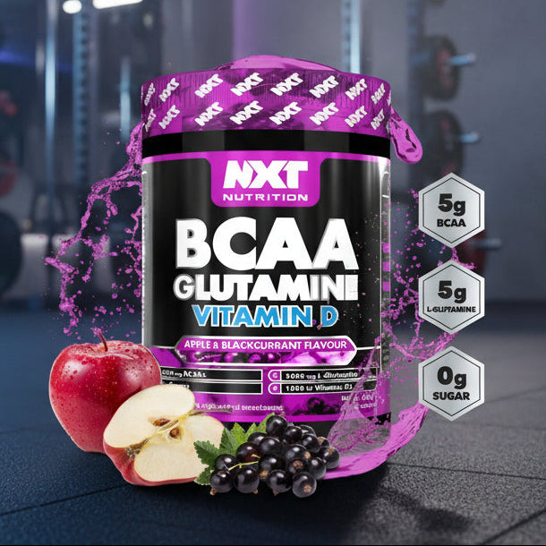NXT Nutrition BCAA Glutamine Vitamin D supplement container with apples and blackcurrants on a gym background
