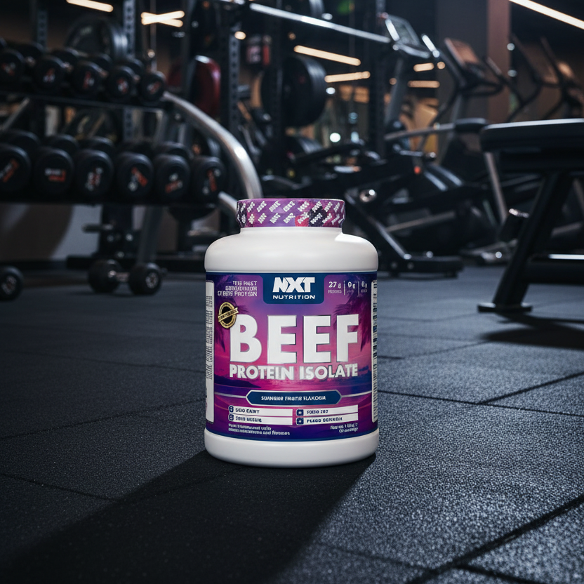 NXT Nutrition Beef Protein Isolate container in a gym setting