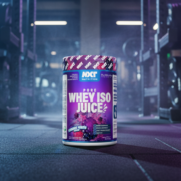 Container of Whey ISO Juice in a gym setting