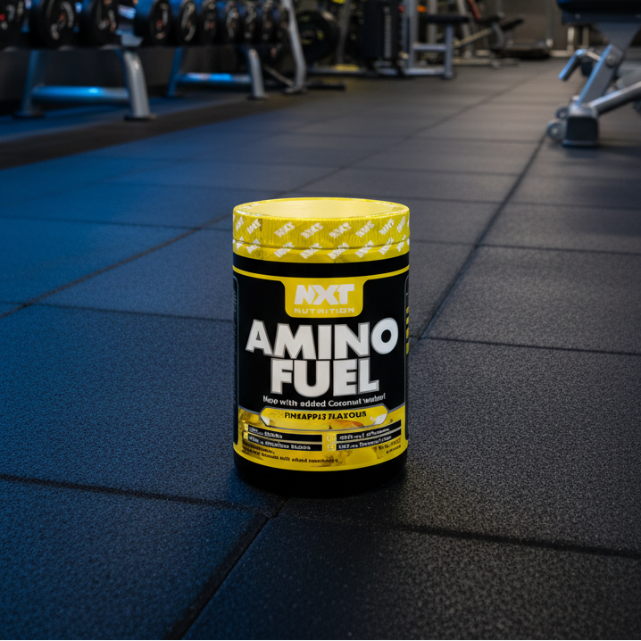 Container of NXT Amino Fuel on a gym floor with gym equipment in the background