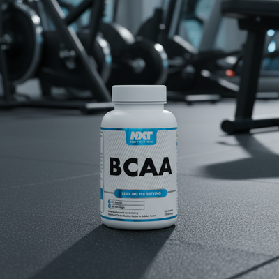 BCAA supplement bottle with NXT Nutrition label on a gym background