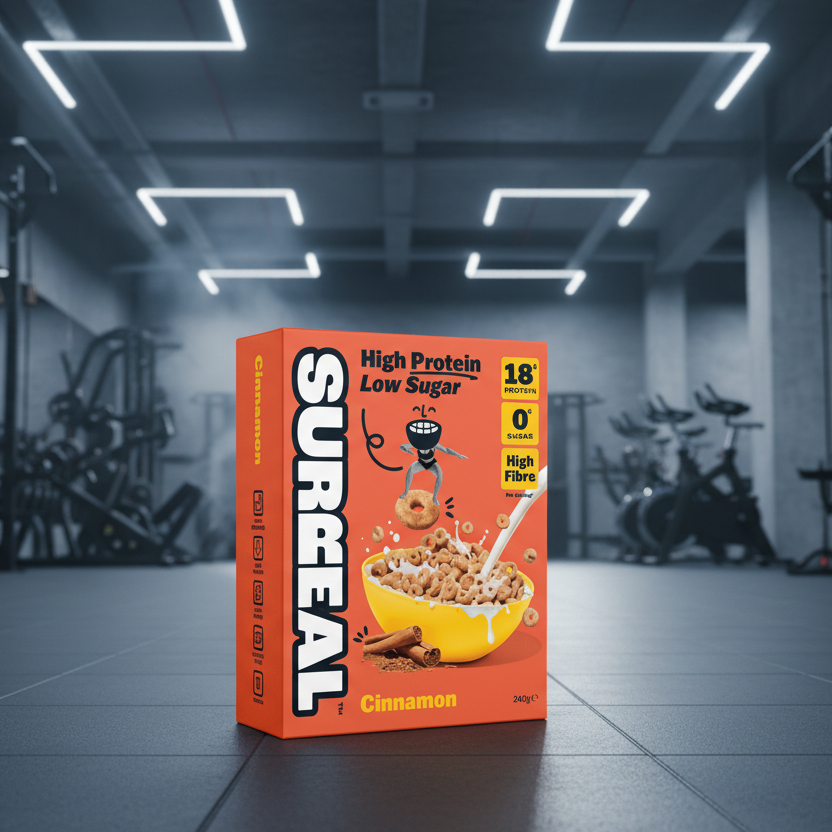 Surreal cereal box in a gym setting