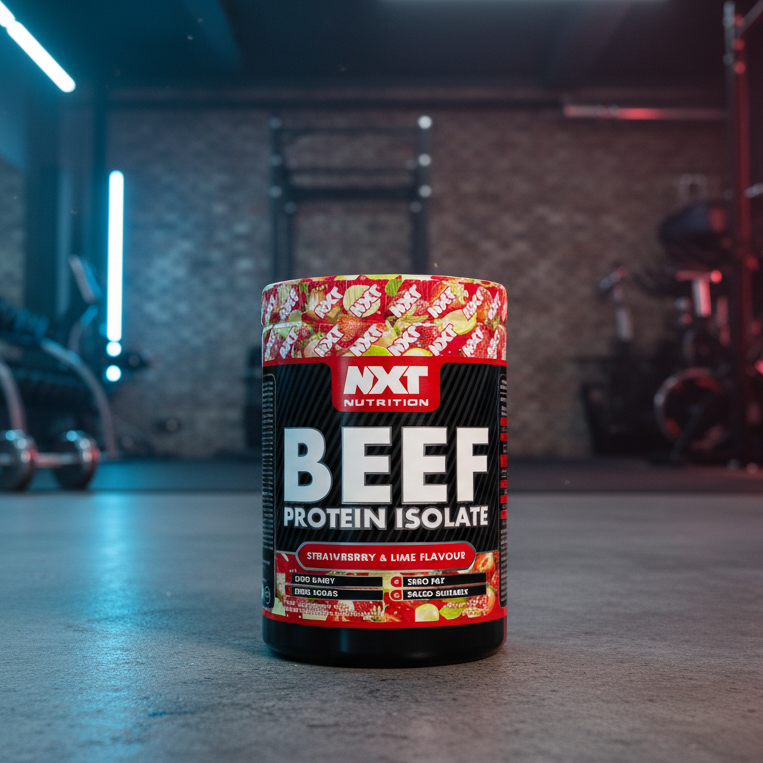 Beef protein isolate container with colorful label in a gym setting