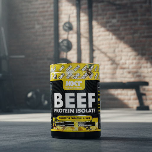 Beef protein isolate container in a gym setting