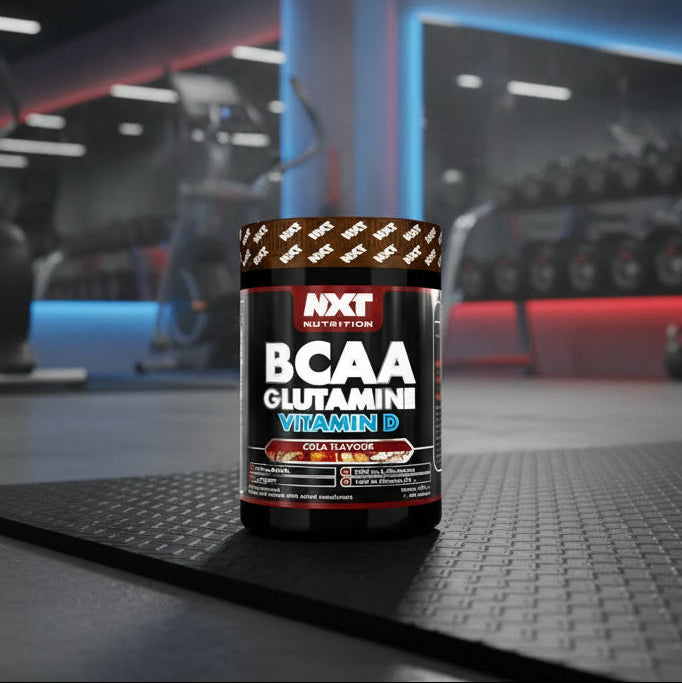 Supplement bottle labeled 'NXT Nutrition' with 'BCAA Glutamine Vitamin D' on a gym floor.