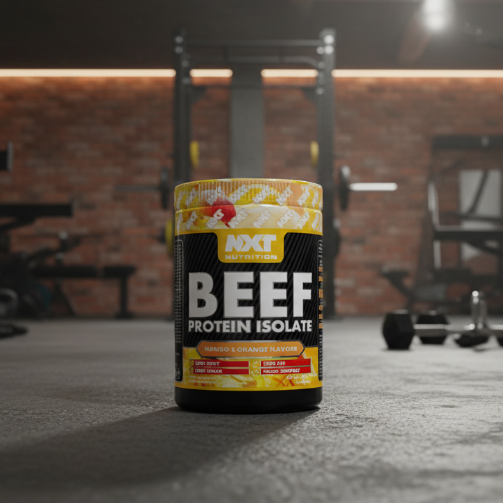 Container of NXT Beef Protein Isolate in a gym setting