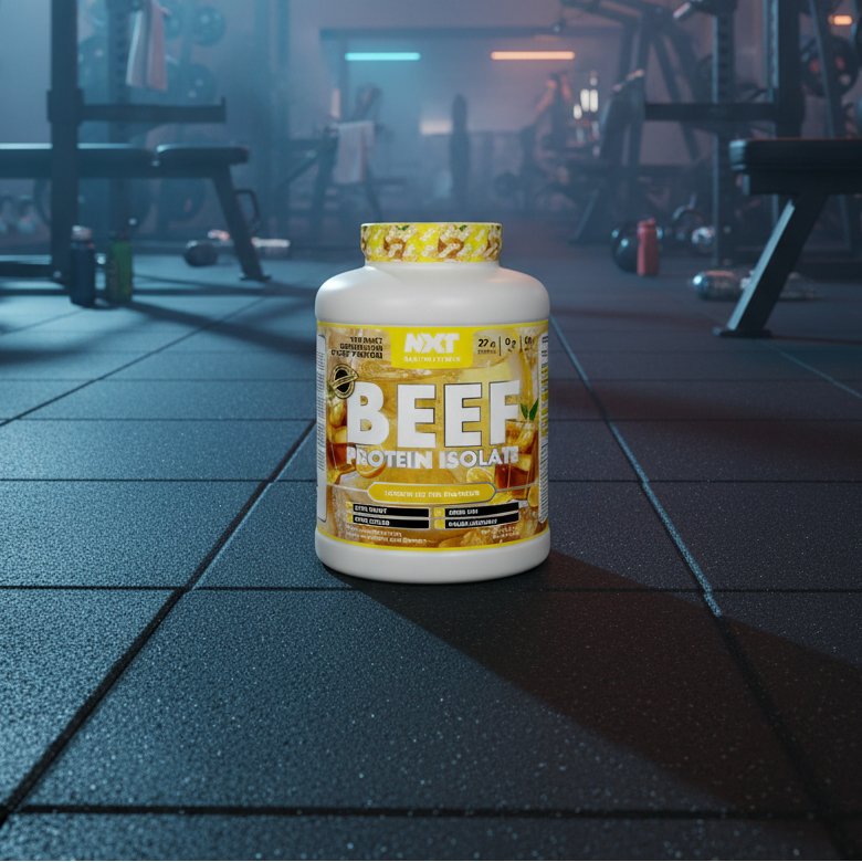 Beef protein isolate container on a gym floor with equipment in the background