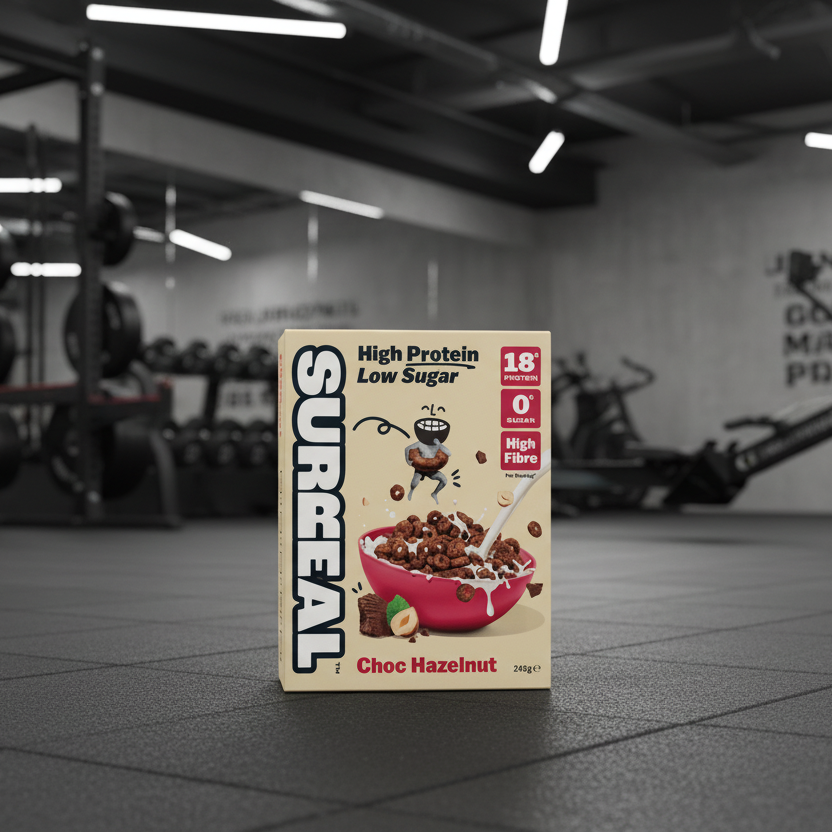 Box of Surreal Choc Hazelnut cereal in a gym setting