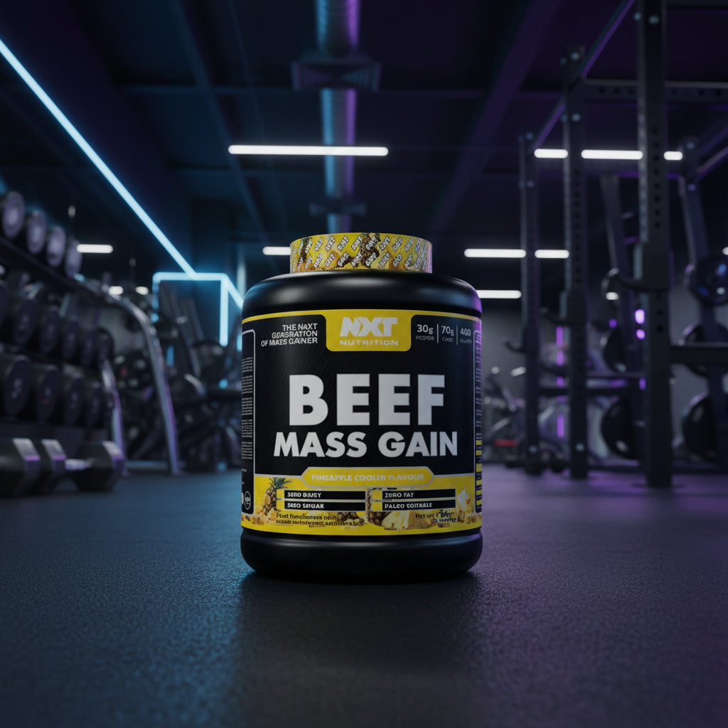 Beef mass gain supplement container in a gym setting