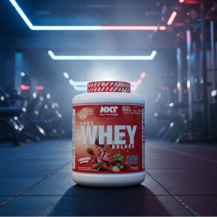NXT Nutrition Pure Whey Deluxe strawberry milkshake protein powder container