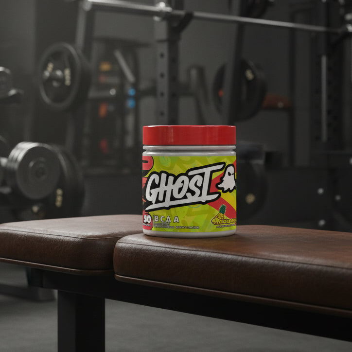 Ghost BCAA supplement container with pineapple flavour on a gym background