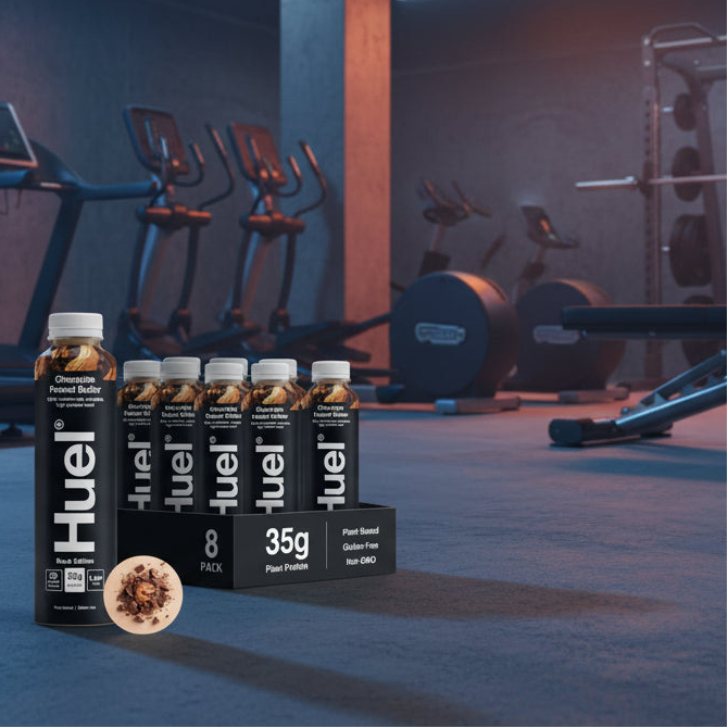 Huel chocolate peanut butter protein bottles with packaging on a gym background