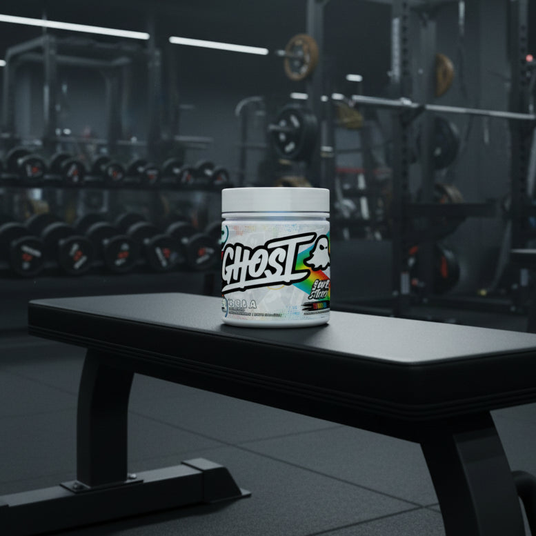 Ghost BCAA supplement container with colourful label on a gym background