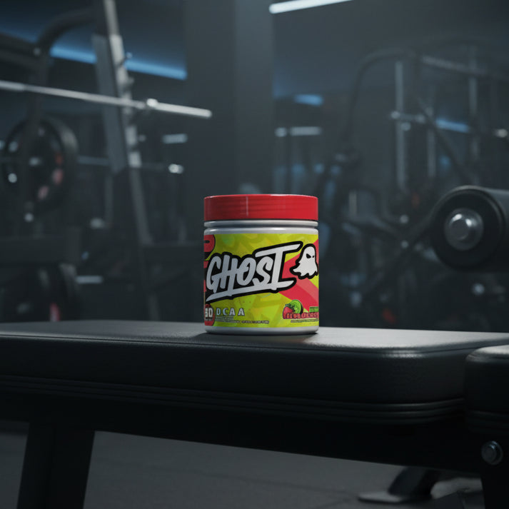 Ghost supplement container with colourful design on a gym background