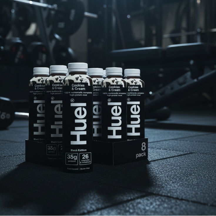 Huel Cookies & Cream protein drink bottles in a display pack on a gym background