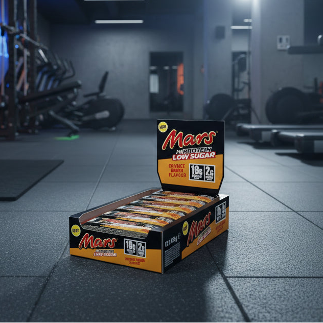 Box of Mars Hypoallergenic Low Sugar chocolate bars on a gym background