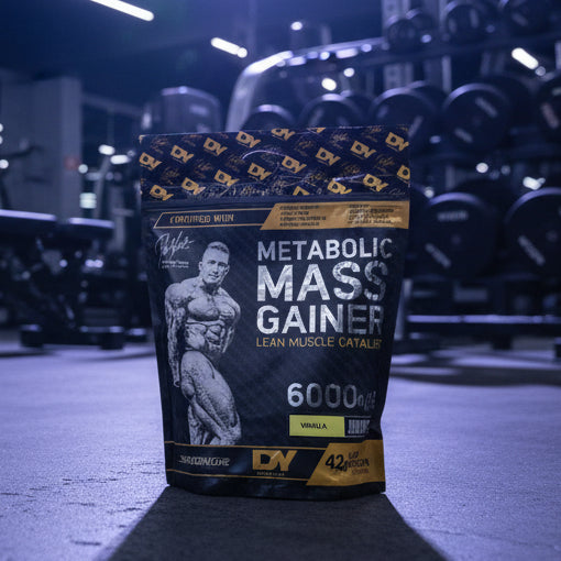 Metabolic Mass Gainer supplement package with a muscular figure on a black and gym background