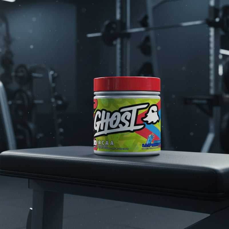 Ghost supplement container with colourful label on a gym background