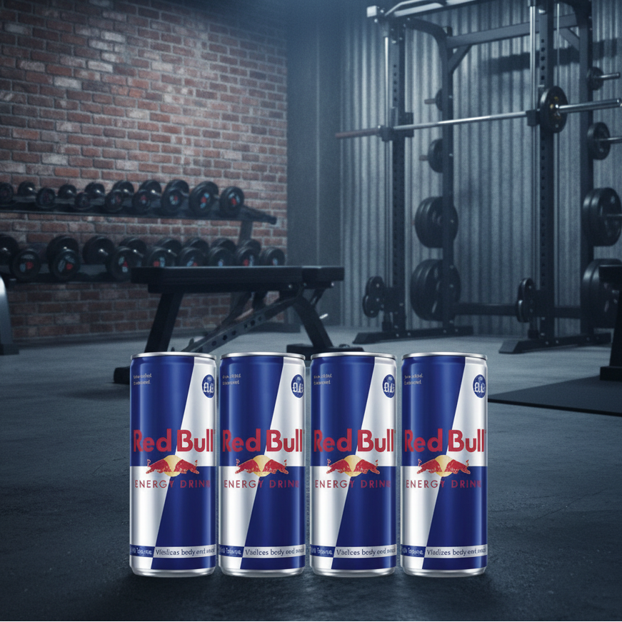 Four Red Bull energy drink cans in a gym setting with weights and exercise equipment.